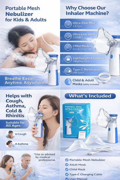 Portable Mesh Nebulizer Machine for Child & Adults – Low Noise, 3 Speed Modes, USB Type-C Rechargeable