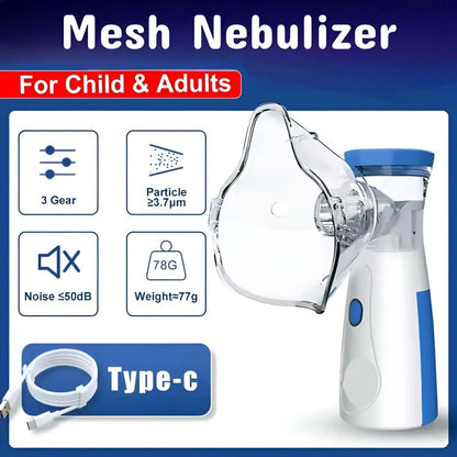 Portable Mesh Nebulizer Machine for Child & Adults – Low Noise, 3 Speed Modes, USB Type-C Rechargeable
